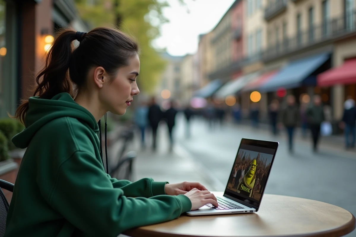 Jeune femme au café naviguant sur son ordinateur portable