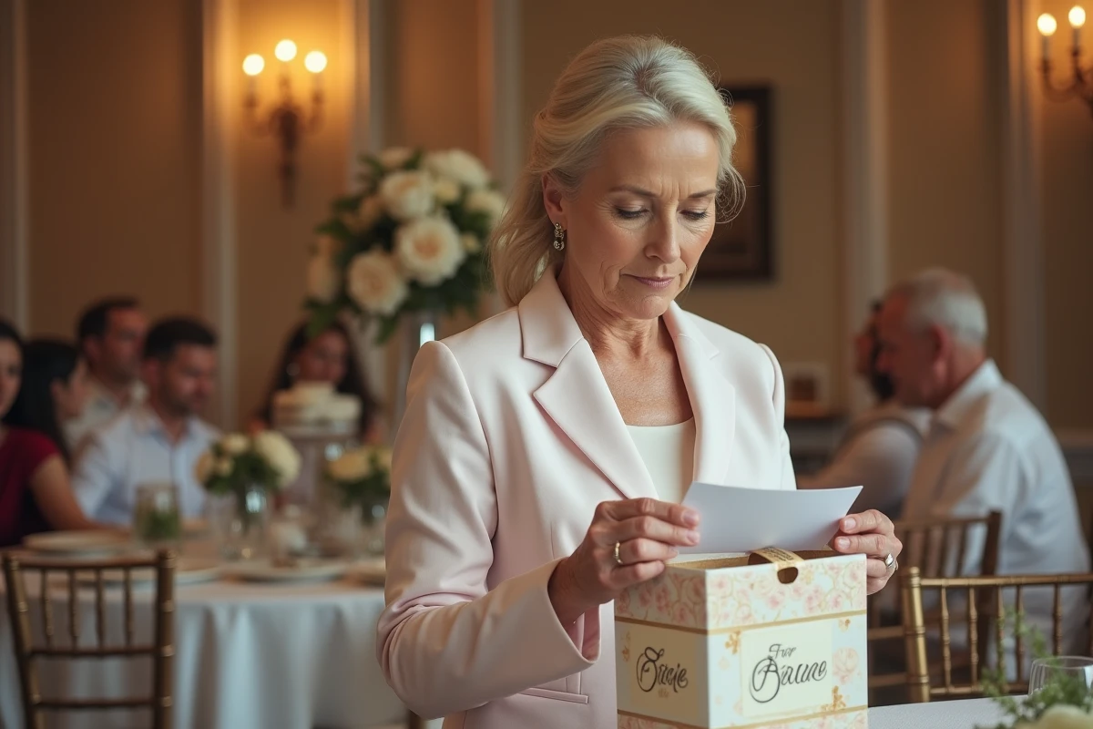 Femme déposant une enveloppe dans une boîte cadeau mariage