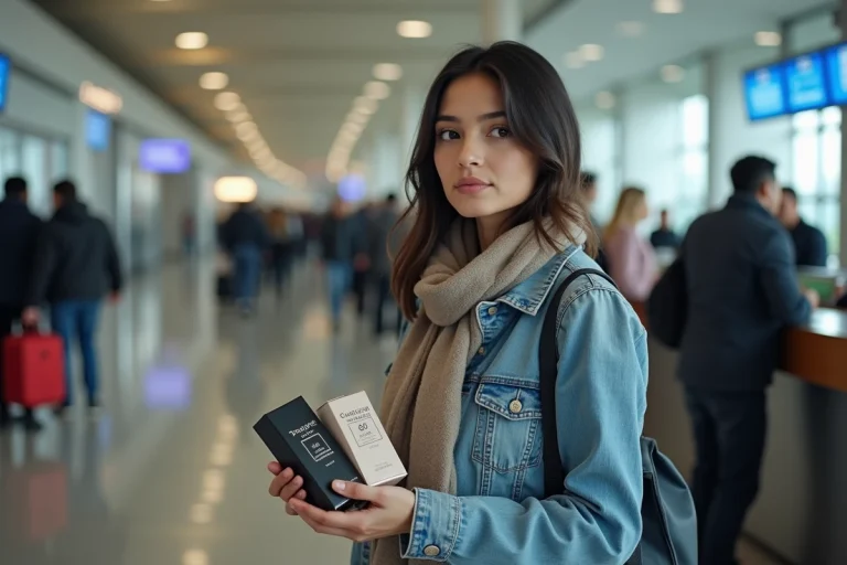Femme à la douane avec coffrets de parfum en main