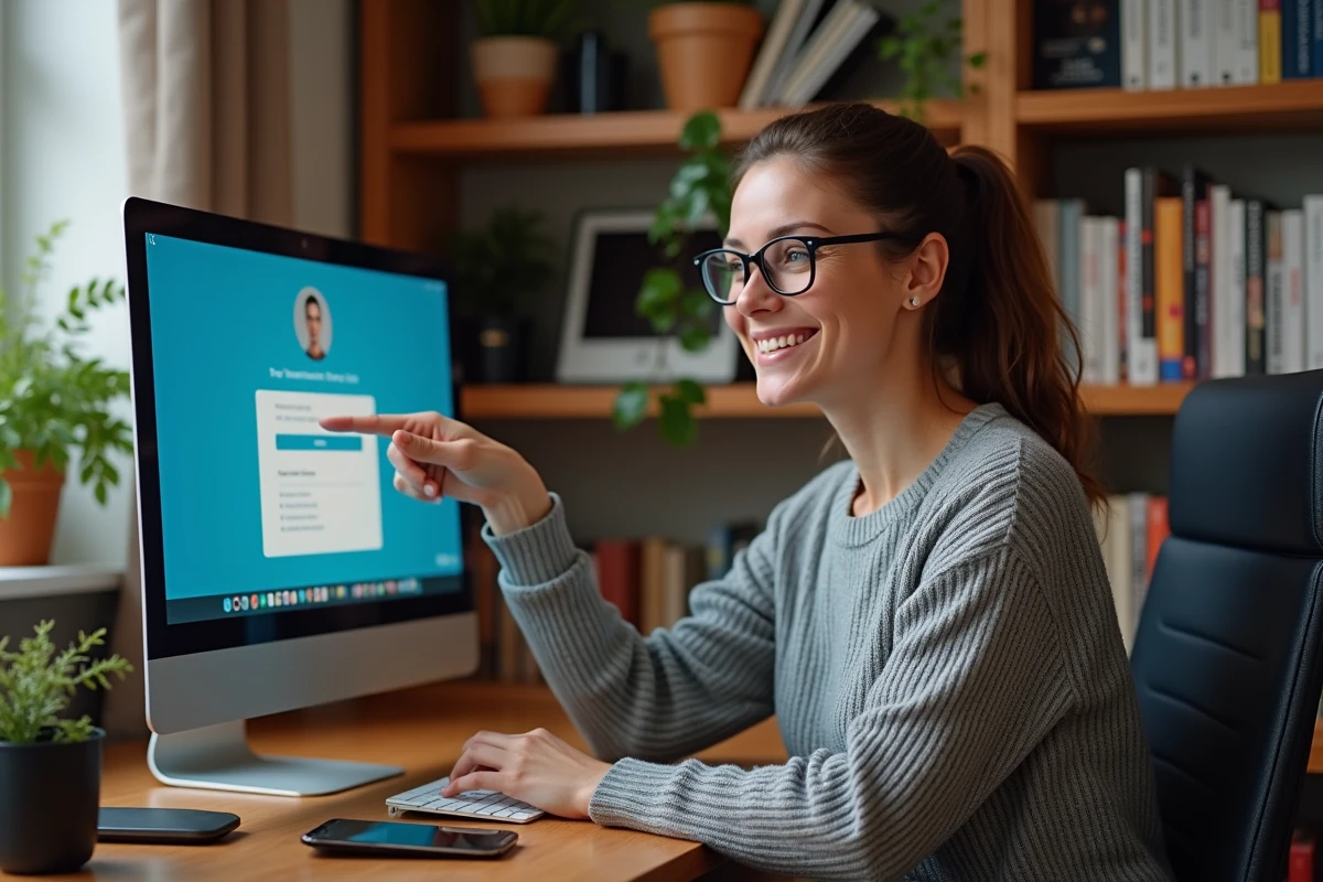 Femme souriante expliquant une interface de téléchargement sur son écran