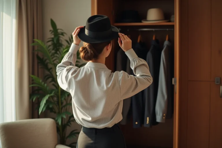 Femme élégante ajustant un chapeau noir dans une chambre lumineuse