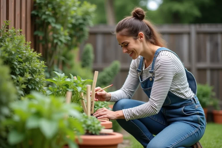 Femme souriante en jardinage avec marqueurs en bois