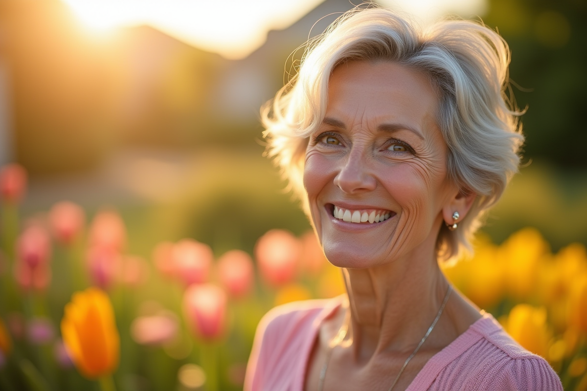 Femme confiante de 60 ans dans un jardin ensoleille