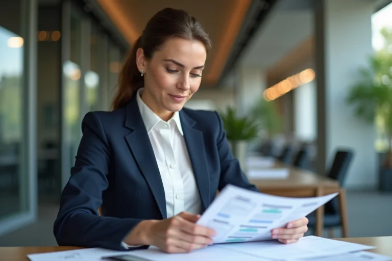 Femme en blazer bleu examinant des documents SEPA au bureau