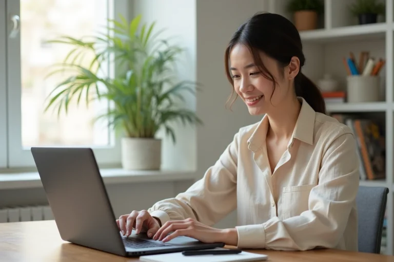 Femme cherchant un bien immobilier sur une plateforme en ligne depuis son bureau à domicile