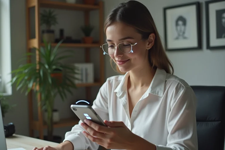 Jeune femme utilisant la reconnaissance faciale au bureau