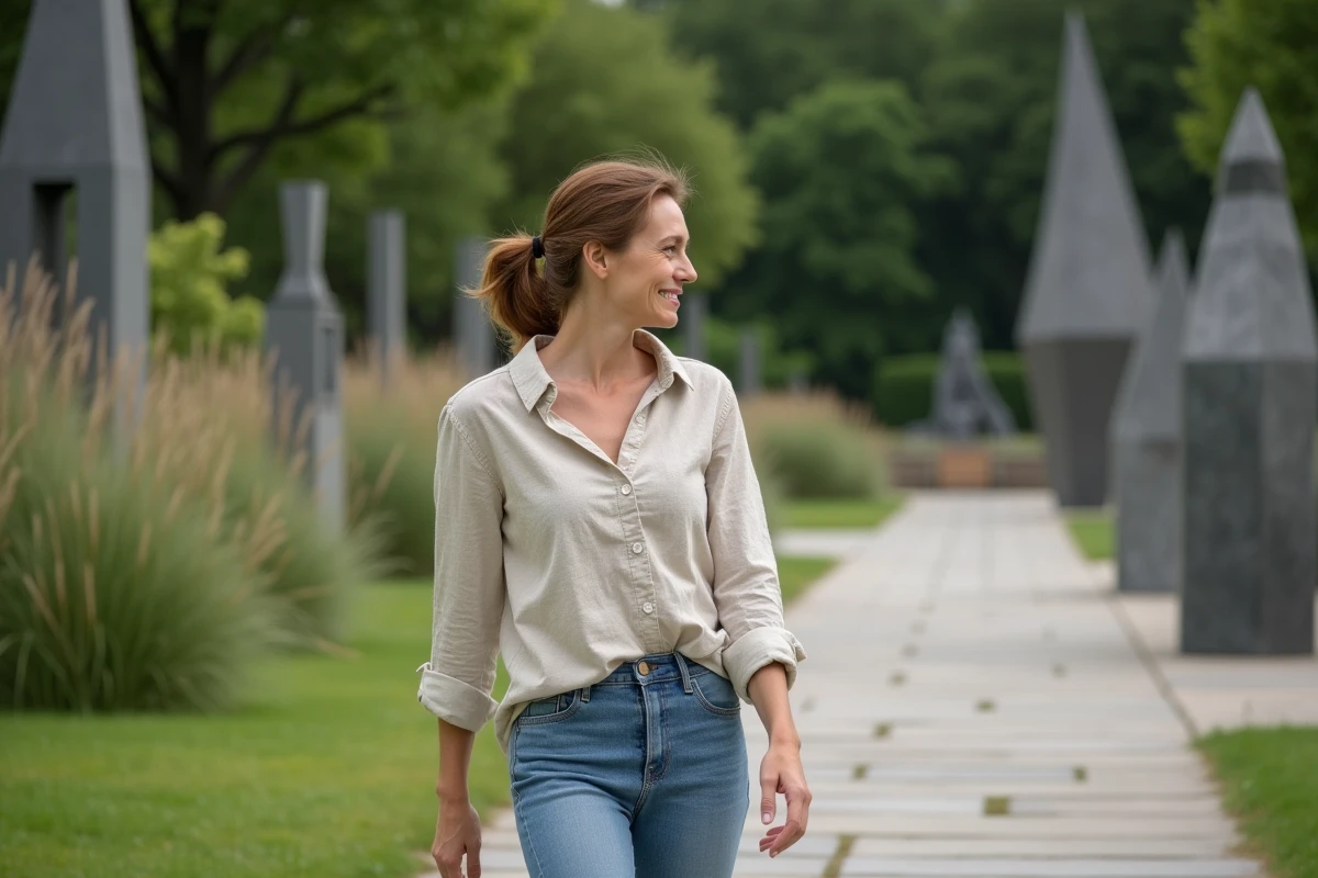 Femme en extérieur observant une sculpture moderne dans un jardin
