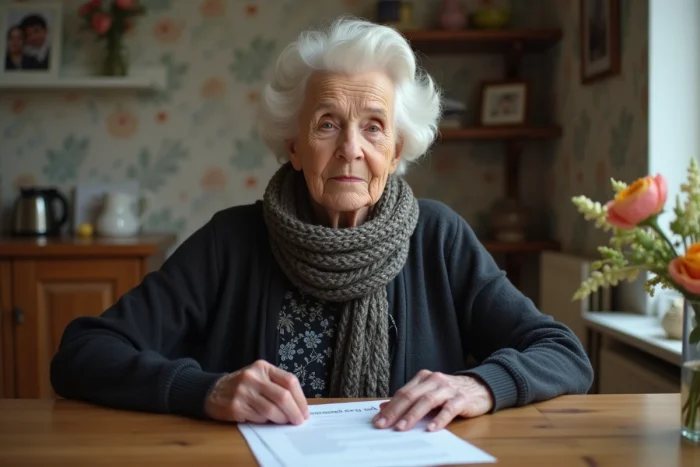 Femme senior calme examinant des documents d'assurance à la maison