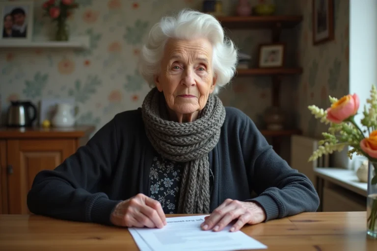 Femme senior calme examinant des documents d'assurance à la maison
