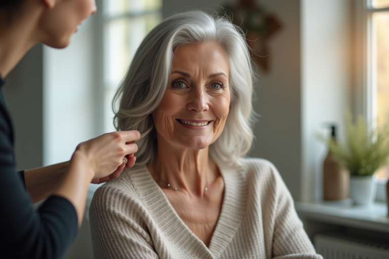 Femme élégante de 60 ans recevant une coiffure naturelle