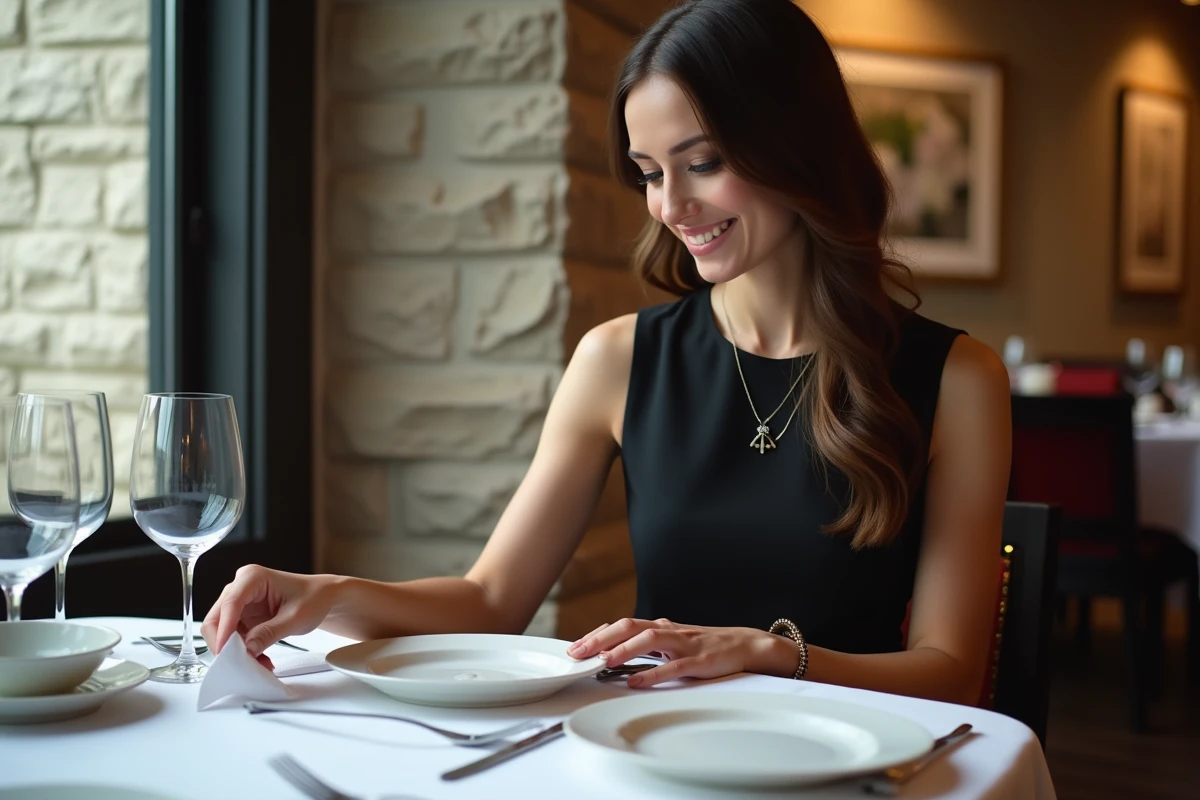 Jeune femme souriante en robe noire au restaurant chic