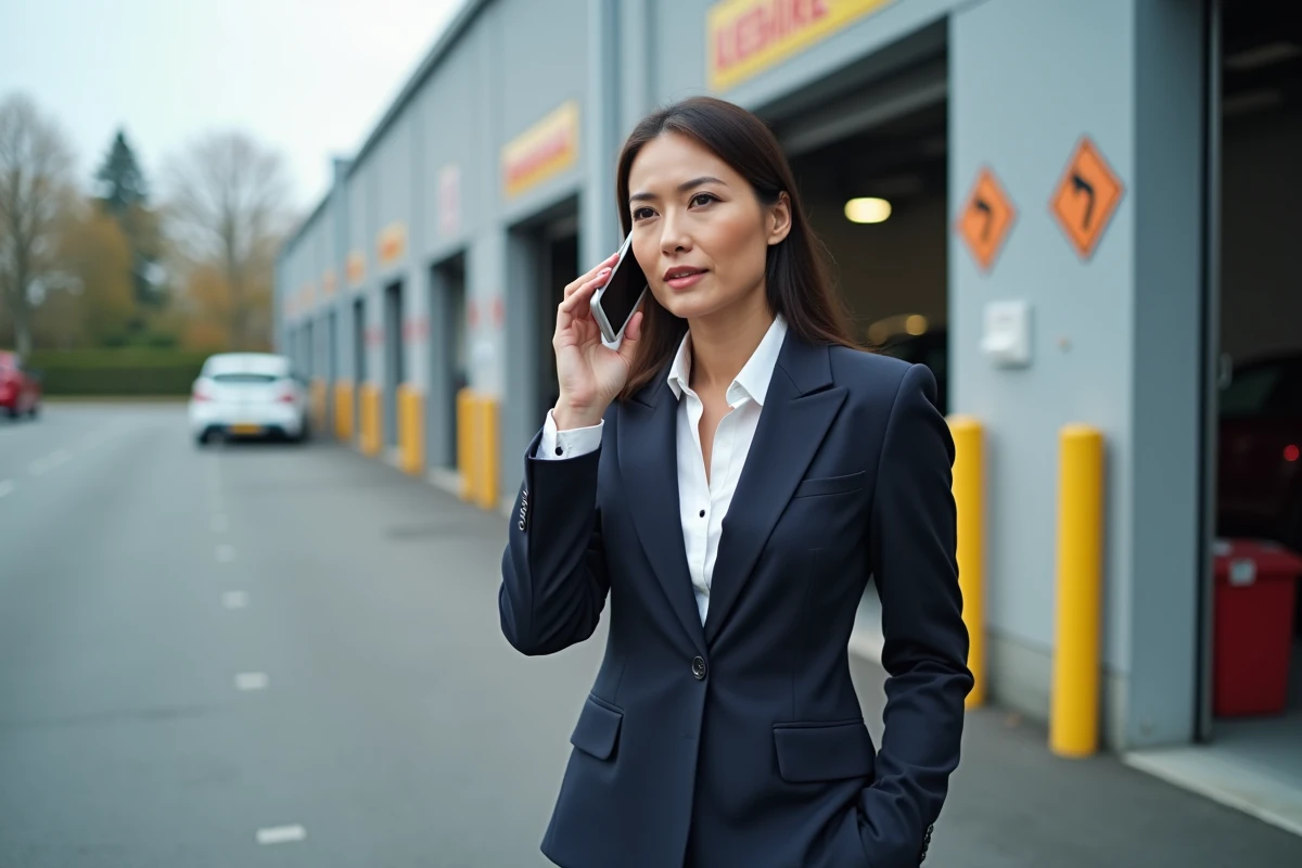 Femme d affaires parlant au téléphone près d un garage automobile