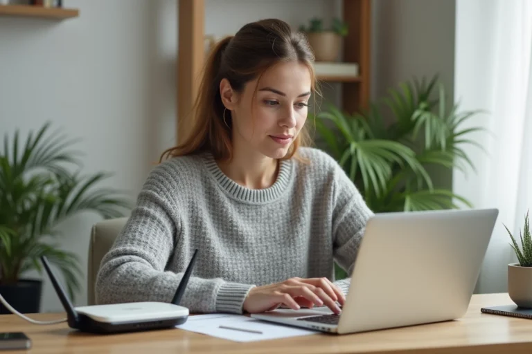 Femme en télétravail optimisant sa connexion Wi-Fi depuis son bureau à domicile avec un routeur visible sur le bureau