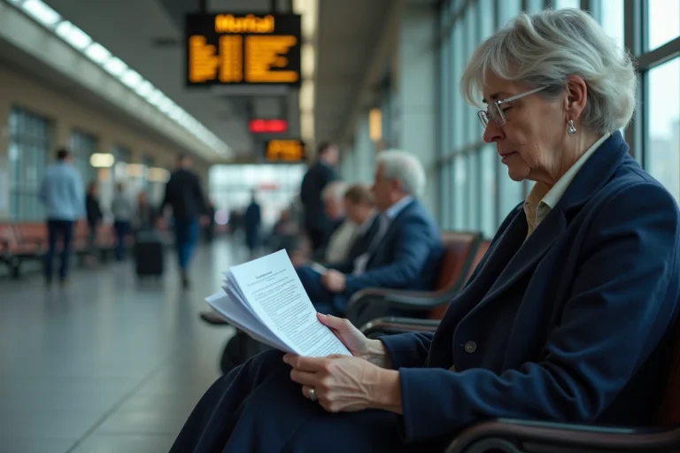 Femme d'âge moyen dans une gare lisant des documents