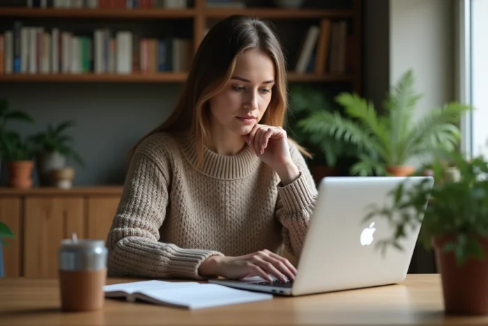 Jeune femme travaillant à domicile sur son ordinateur portable