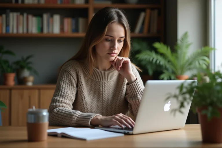Jeune femme travaillant à domicile sur son ordinateur portable