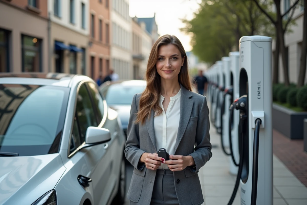 Femme souriante à côté de sa voiture électrique dans la ville