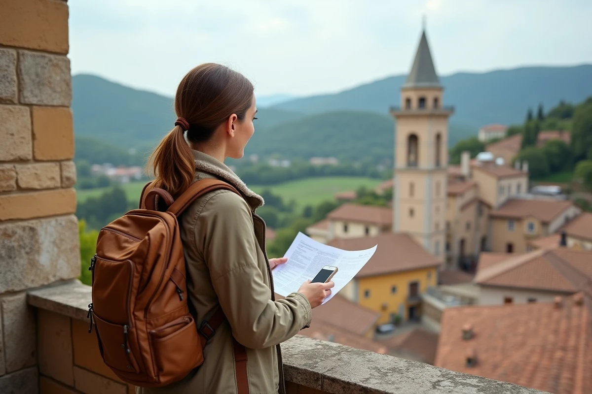 Femme voyageant avec vue sur vieille ville et collines