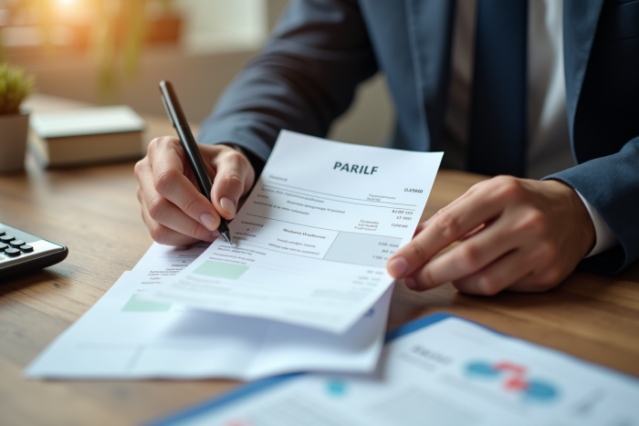 Main tenant une fiche de paie française sur un bureau lumineux