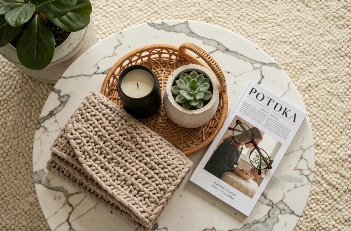 Flat lay décoratif sur une table basse en marbre avec bougie, plante succulente et accessoires de maison