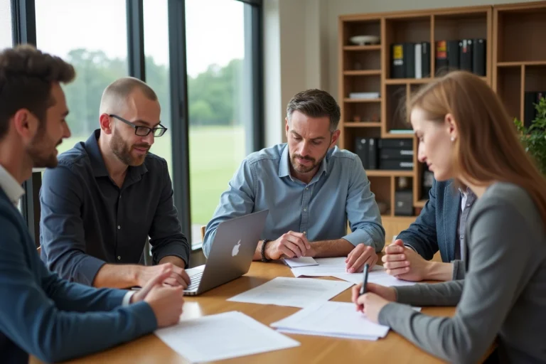 Groupe d'adultes en discussion autour d'une table sportive