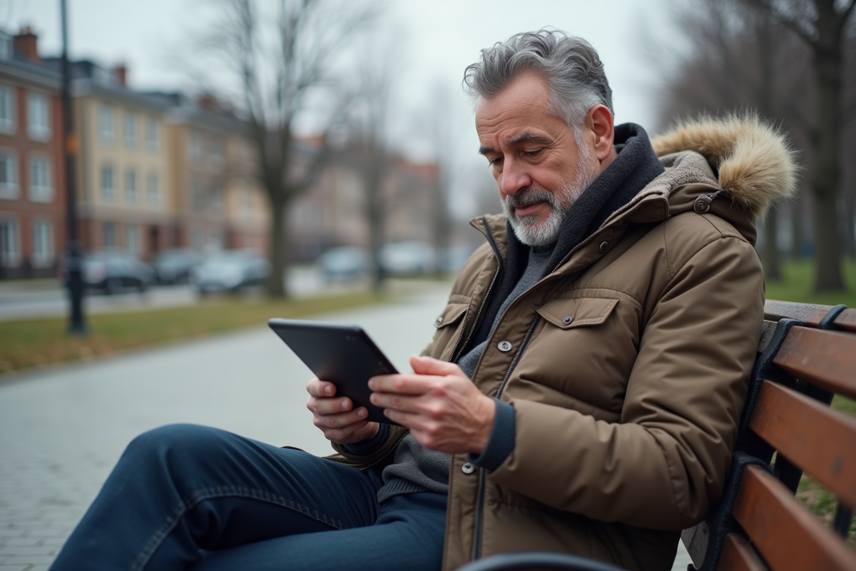 Homme utilisant une application de logement dans un parc