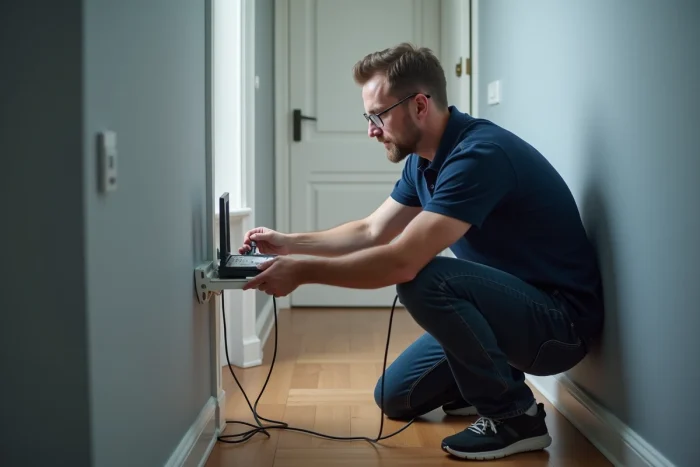 Homme branchant un câble ethernet sur un routeur mesh dans le couloir d'une maison pour améliorer le réseau internet