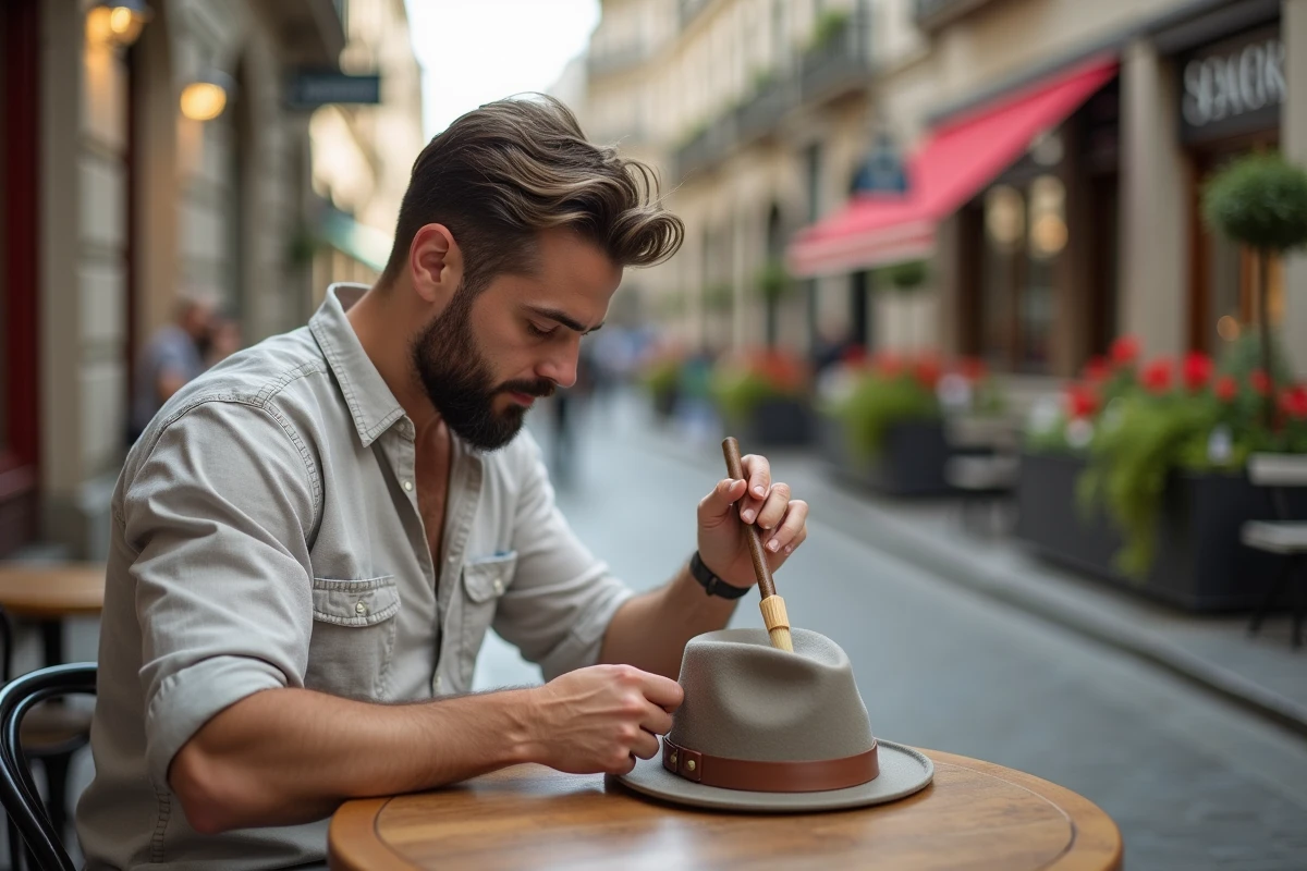 Homme au café brossant un chapeau dans une place urbaine animée