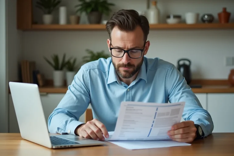 Homme consultant des documents de crédit et un calculateur de prêt sur ordinateur portable à sa table de cuisine
