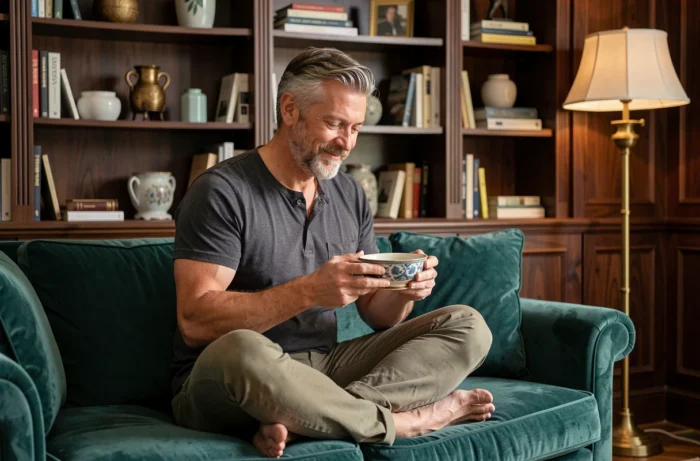 Homme tenant un objet décoratif en céramique dans un salon-bureau au style sophistiqué avec boiseries sombres