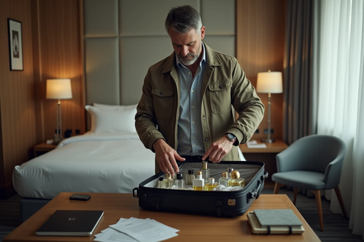 Homme emballant des bouteilles de parfum dans sa valise