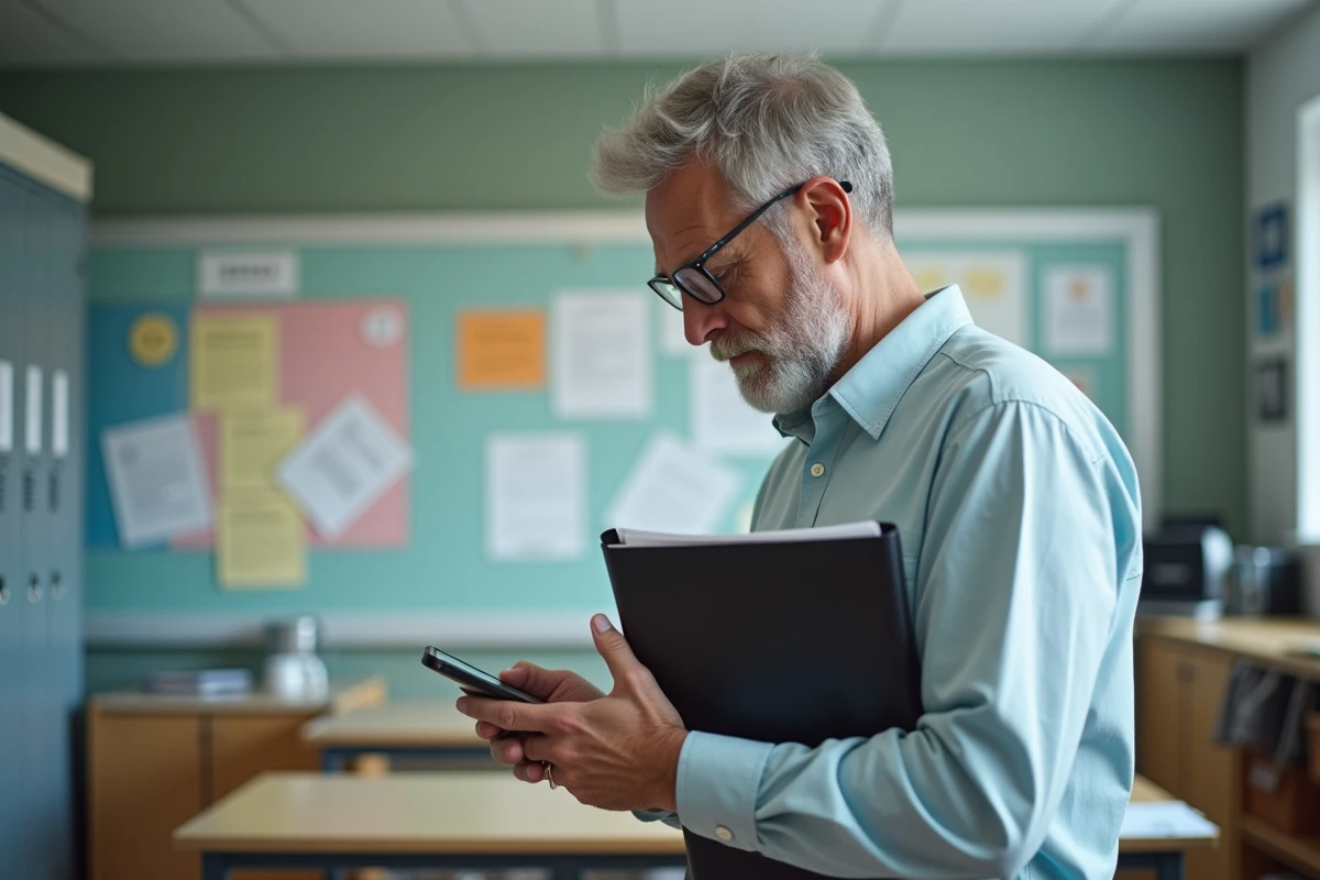 Enseignant vérifiant son smartphone dans une salle de personnel