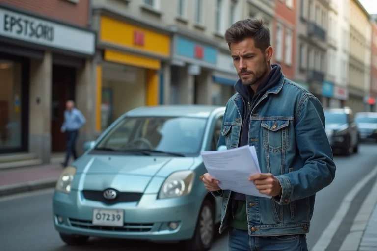 Homme inquiet avec papiers de voiture devant une voiture en ville