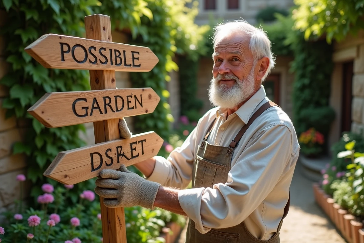 Homme âgé arrangeant un panneau de jardin en plein air
