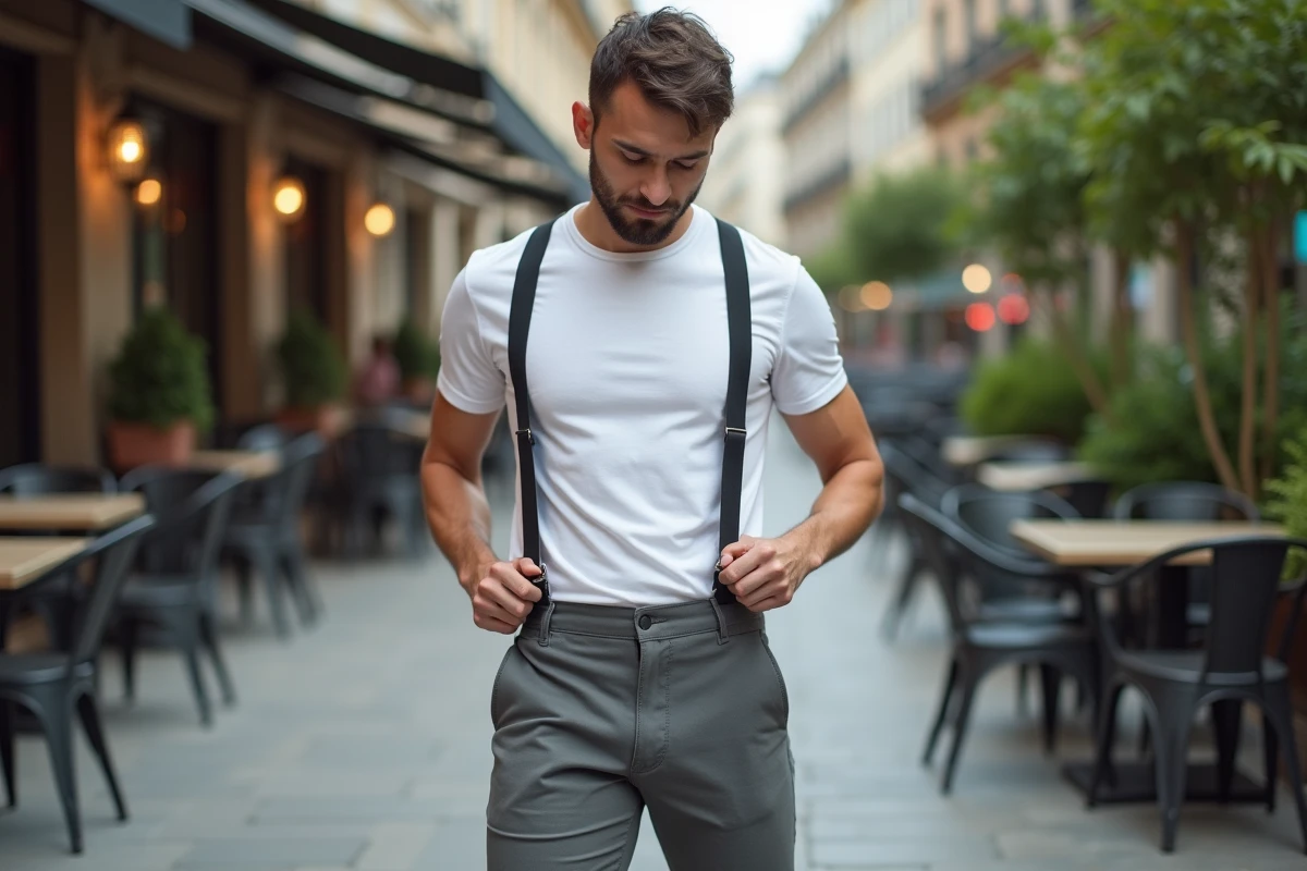 Jeune homme portant bretelles dans un café urbain