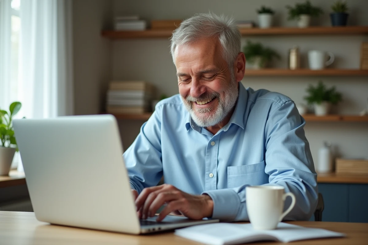Homme vérifiant des détails SEPA sur son ordinateur à la maison