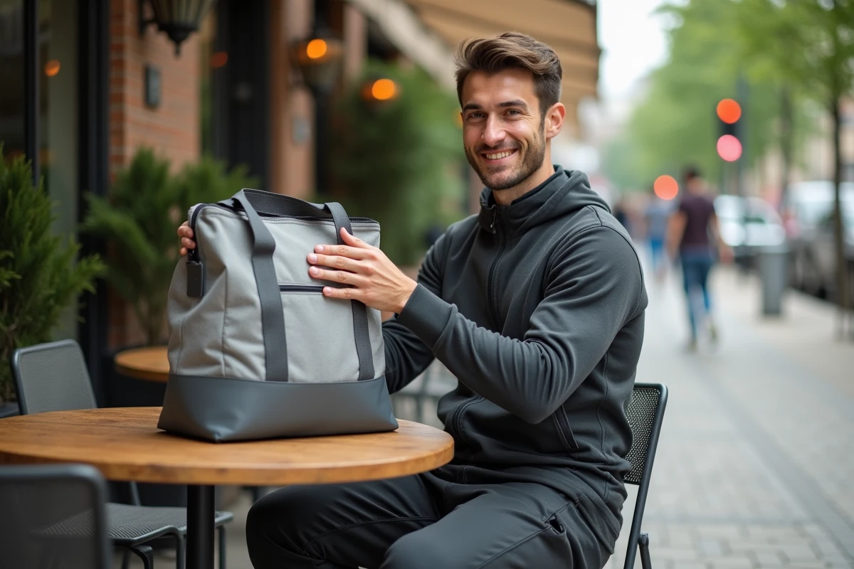 Homme déballant sac de sport en extérieur