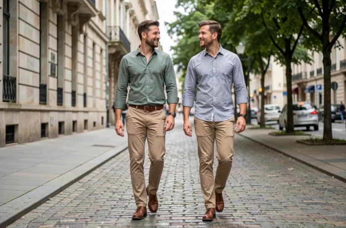 Deux hommes de tailles différentes marchant en ville illustrant la différence entre 1m70 et 1m80