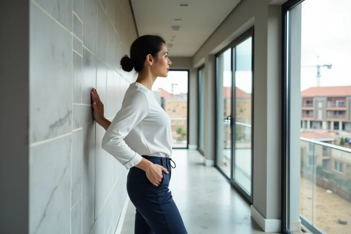 Femme inspectant la qualité de finition d'un appartement neuf lors d'une réception de logement Piraino