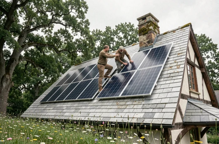 Couple installant des panneaux solaires sur le toit d'une maison en bois durable entourée d'une prairie de fleurs sauvages