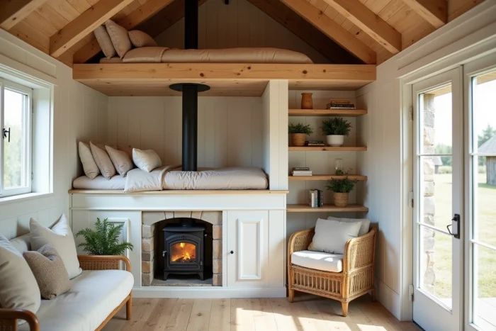 Intérieur chaleureux d'une tiny house avec poutres apparentes, lit mezzanine et poêle à bois en pierre