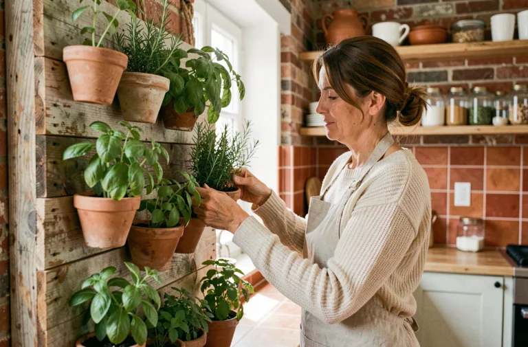 Femme entretenant un jardin d'herbes aromatiques vertical dans une cuisine écologique avec mur en bois recyclé et carrelage en terre cuite