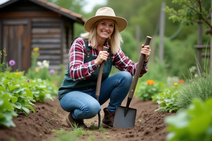 Femme jardiniere montrant la difference entre binette et serfouette