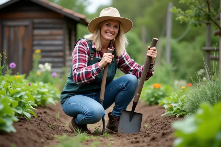 Femme jardiniere montrant la difference entre binette et serfouette