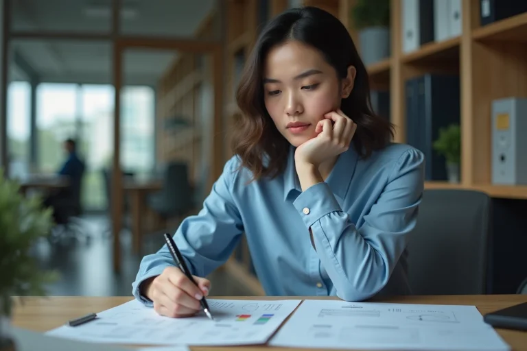 Jeune femme concentrée prenant des notes au bureau