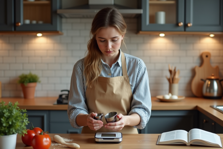 Jeune femme en cuisine compare tasses et balance