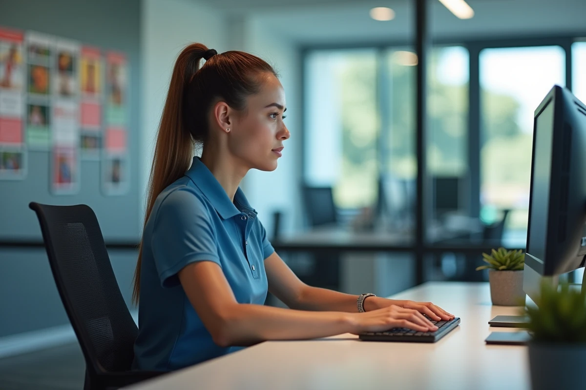 Jeune femme gestionnaire sportive travaillant sur ordinateur