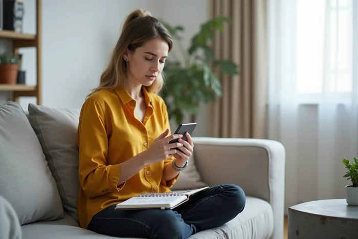 Jeune femme simulant un crédit sur son smartphone avec des notes de budget dans son appartement