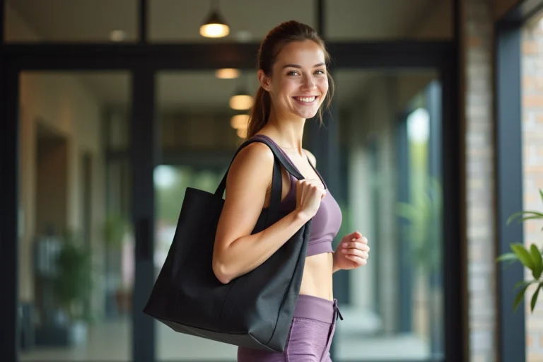 Jeune femme souriante avec sac de sport moderne