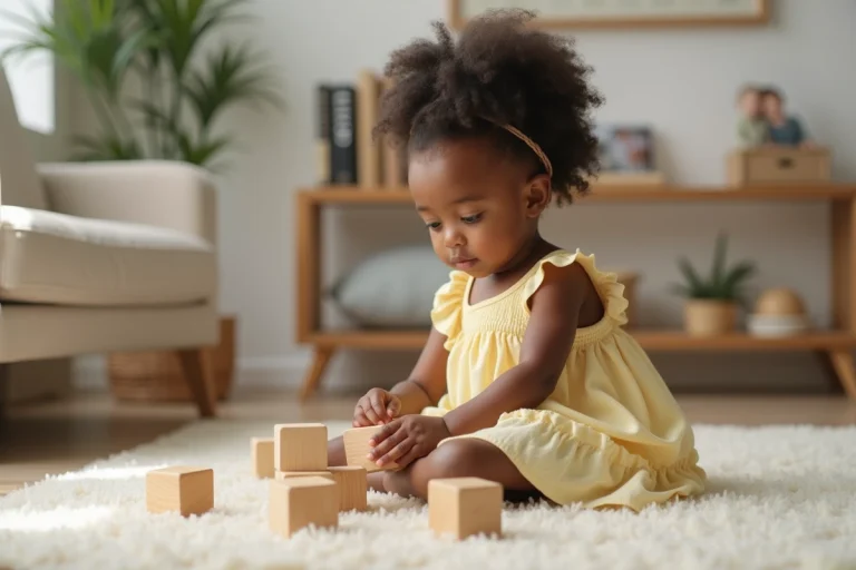 Jeune fille africaine jouant avec des blocs en intérieur